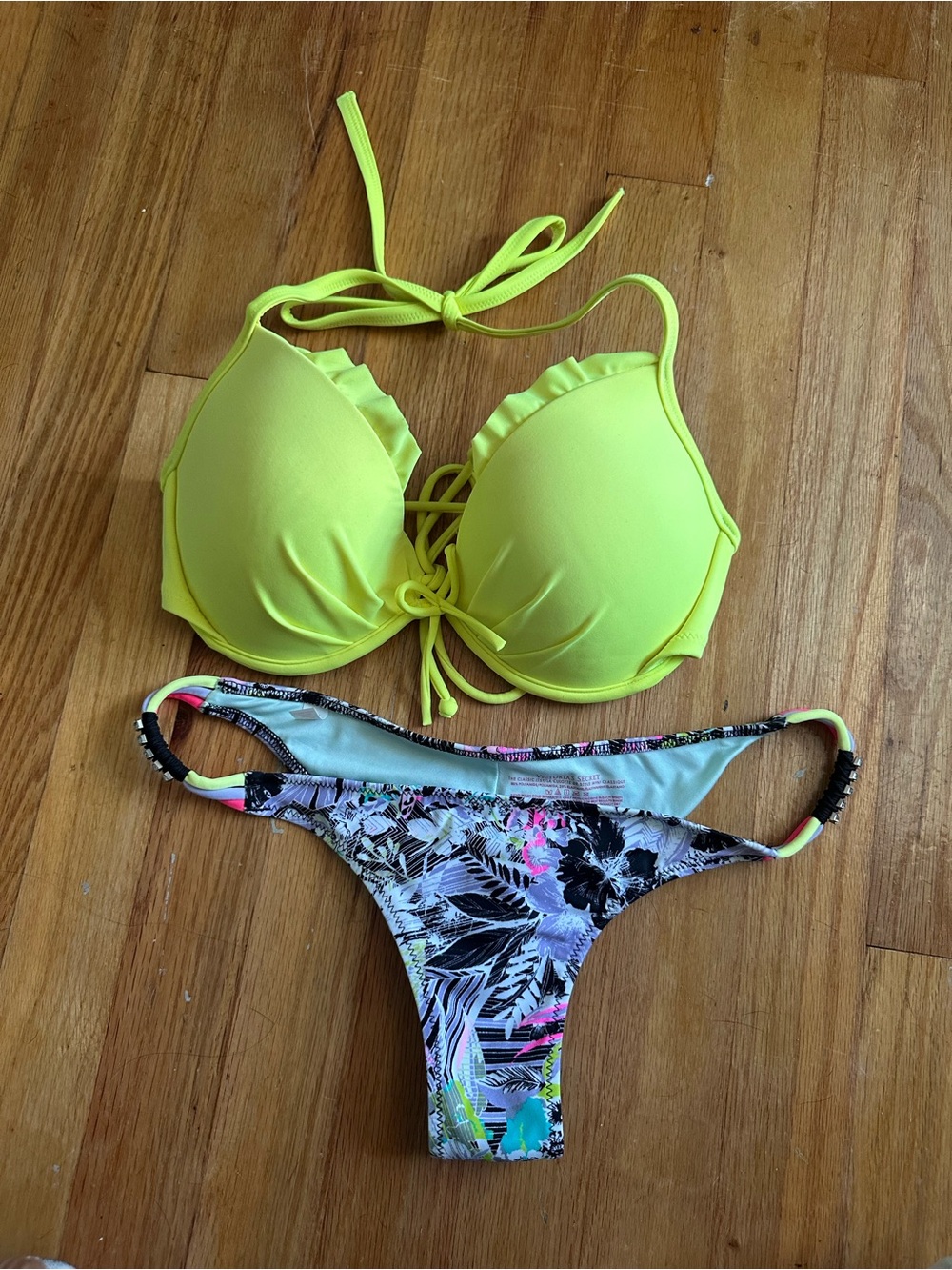 Victoria Secret Neon Yellow Ruffled Push-Up Bikini Top and Tropical Print Bottom
